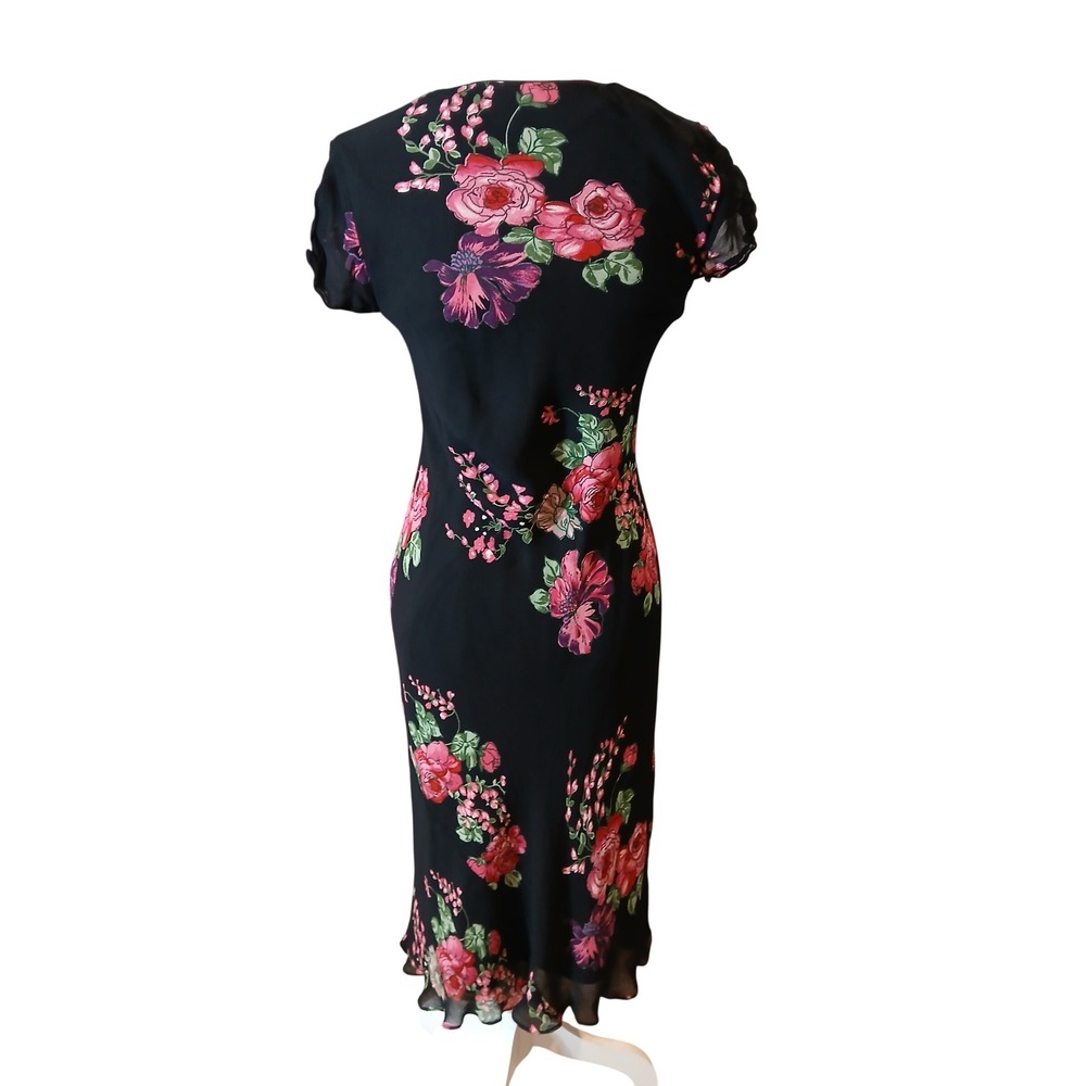 VTg y2k Bias Cut Black Dark Pink Floral Rose Midi Dress Beaded V-Neck sz 8 - Picture 5 of 12